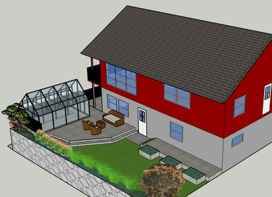 Ny terrasse med utestue, kjøkkenhage, beplantning og steinmur i bratt skråning
